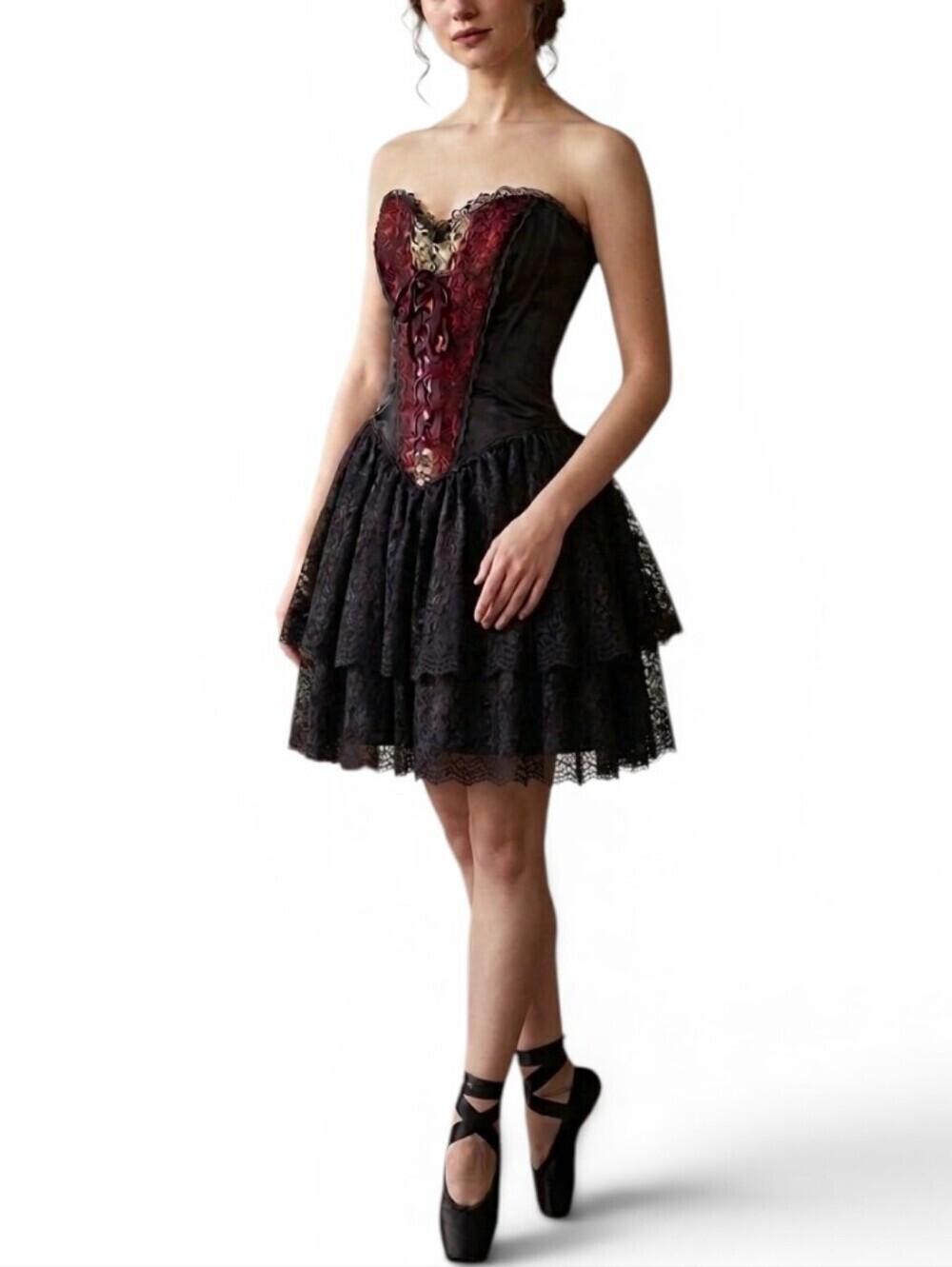 jessica mcclintock corset dress VINTAGE Gunne Sax Bustier Tiered Lace Black Red Collection V-SA SIZE:80B ASTR the Label Jamie